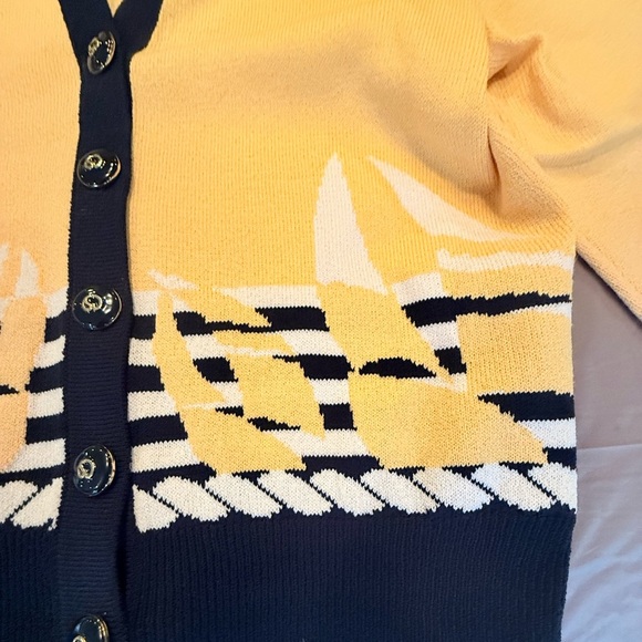 St John Vintage Yellow/Navy Nautical V-neck Cardigan Sweater Size Small MSRP$695 - Picture 3 of 10